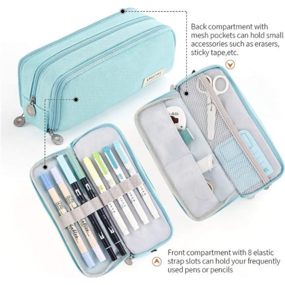 Large Capacity Pencil Case 3 Compartment Pouch Pen Bag Light Blue - Picture 2 of 6